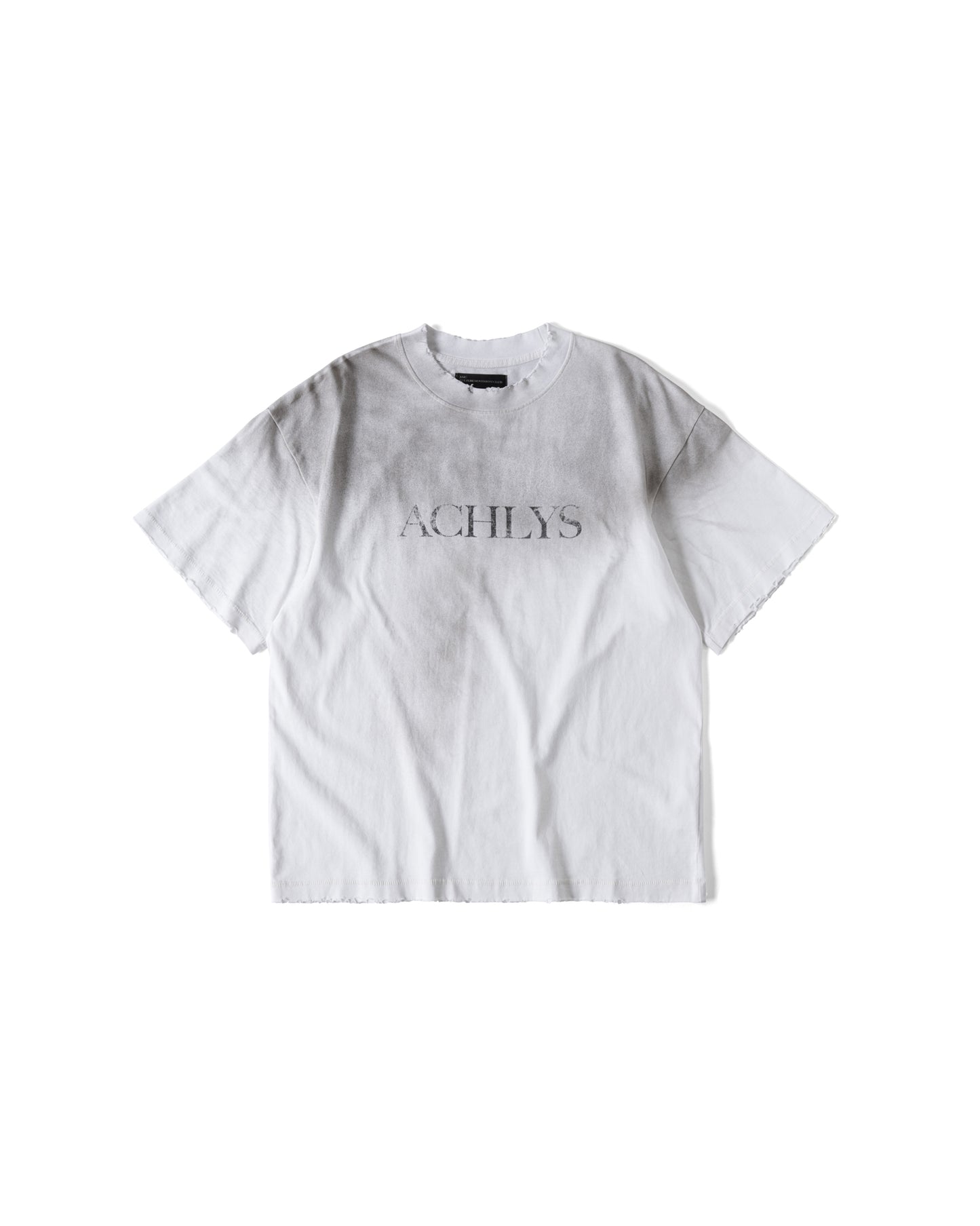 White t-shirt with 'ACHILYS' logo on a white background